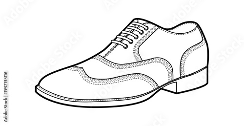Brogue mens lace single shoe line. Perforated leather footwear with classic wingtip detail smart casual office style. Technical illustration CAD mockup sketch vector outline isolated on white.