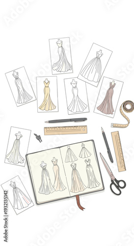 A white surface features multiple fashion sketches of long dresses, presented on individual cards and within an open sketchbook, surrounded by design instruments.