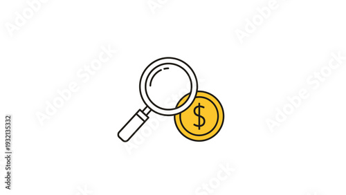 Magnifying glass over dollar coin.