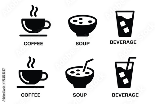 Simple food and drink icon vector set, coffee cup, soup bowl, and beverage glass symbols for restaurant menus, cafe labels, food packaging, and culinary design