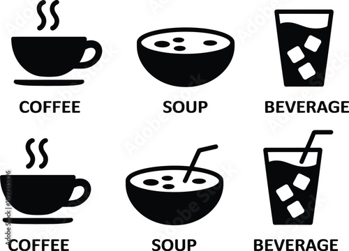 Simple food and drink icon vector set, coffee cup, soup bowl, and beverage glass symbols for restaurant menus, cafe labels, food packaging, and culinary design