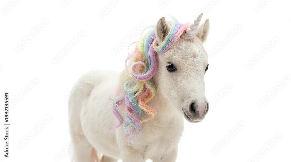 Fototapeta premium White unicorn with rainbow mane isolated on transparent background for fantasy designs, children's products, and magical themed projects.