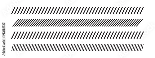 Set of borders with repeated slash lines. Dividers with diagonal parallel stripes. Embroidery ornament with slanted black stitches on white background. Caution tape print. Vector graphic illustration