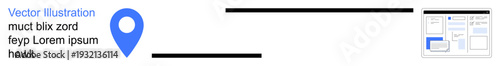 Navigation, website wireframes, content design, digital layout, geolocation, user interface. Blue map pin icon next to placeholder text and website layout. Navigation and website wireframes concept