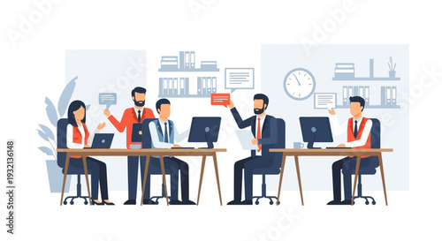 Coworkers collaborating in a modern office.