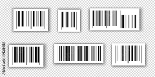 Set of empty barcode stickers with shadows isolated on transparent background. Bar code label templates. Visual data digital representation with product information. Vector graphic illustration