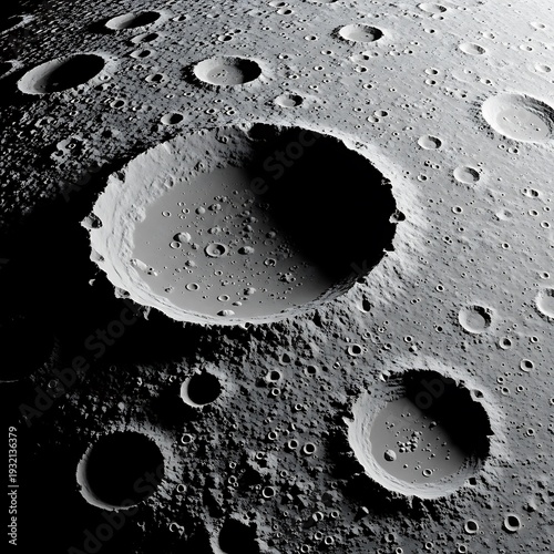 Illuminated impact craters cover the desolate surface of an airless celestial body
