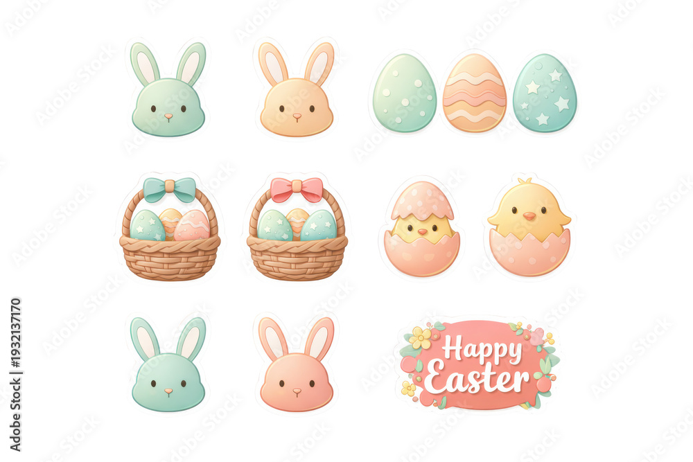 Fototapeta premium Pastel Easter stickers with bunnies, eggs, and chicks
