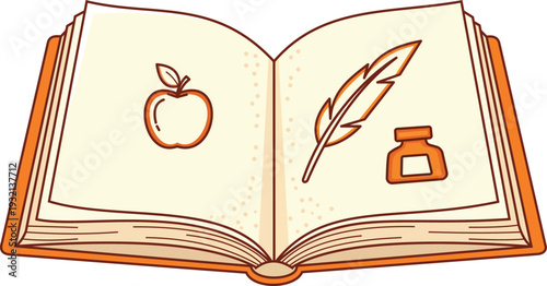 Illustration of an open vintage book with an apple, a quill pen, and an inkwell on the pages