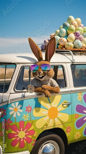 Cool Easter Bunny Driving Hippie Van with Pile of Decorated Eggs on Beach