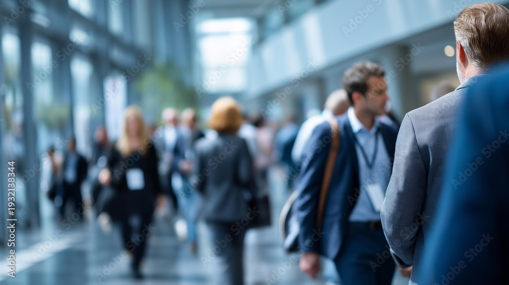 Fototapeta premium Faceless professionals networking and interacting in a spacious modern conference hall, wide-angle shot with active crowd movement and motion blur, defocused background, business