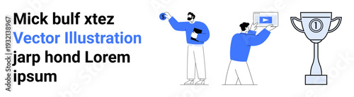 People engaging with digital tools, holding trophies, and performing tasks. Ideal for teamwork, productivity, achievement, competition, motivation, professionalism and simple landing page