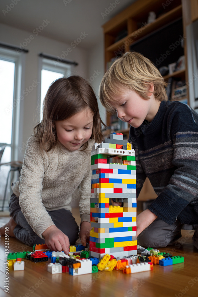 Obraz premium Indoor Playtime: Kids Building Creativity with Colorful Construction Toys