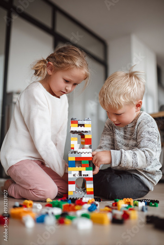Colorful Lego Construction: Kids Building and Learning Together for Developmental Skills and Creativity