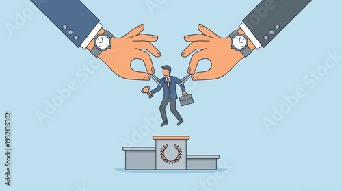 Corporate Competition for Top Talent and Best Employee Concept with Giant Hands Pulling a Successful Businessman Holding a Trophy over a Winner Podium. Headhunting and Recruitment Vector.