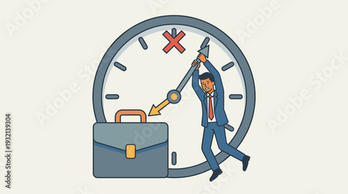 Stressed businessman hanging on a clock hand trying to stop time, business deadline vector concept. Symbol of time management, work pressure, urgency, professional stress, and office burnout.