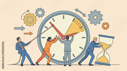 Business Team Working Together to Stop Time on a Giant Clock for Deadline Management Concept with Professionals Pushing and Pulling Clock Hands, Hourglass and Gears in Flat Vector Illustration