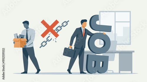 Businessman Holding on to the Word Job While Another Office Worker is Fired and Leaving with a Box, Unemployment and Career Security Concept, Simple Flat Vector Illustration of Job Loss and Hiring