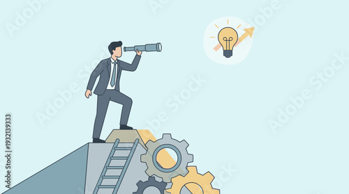 Business vision and looking for opportunity or discover success concept. Businessman visionary looking through telescope for new ideas, innovation, and growth strategy on gear background.