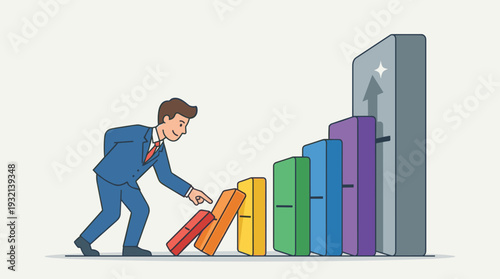 Businessman Pushing a Small Domino to Start a Chain Reaction of Increasingly Larger Blocks Toward a Final Goal, Concept of Business Growth, Strategic Momentum, and Achieving Success with Ease.