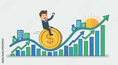 Happy businessman sitting on a giant gold dollar coin riding an upward trending roller coaster line graph towards financial success, economic growth, and wealth with bar charts and rising sun.