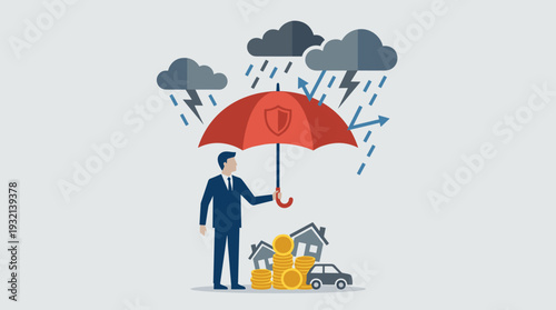 Businessman holding a red umbrella with a shield icon to protect his financial assets including money, house, and car from a storm with lightning and rain, concept of insurance and risk management