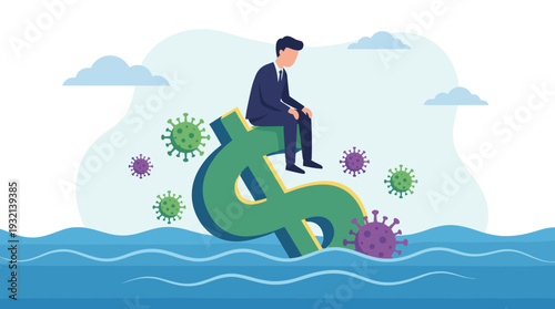 Sad Businessman Sitting on a Sinking US Dollar Sign in the Sea Surrounded by Coronavirus Cells, Illustrating Global Financial Crisis, Economic Recession, and Market Impact of COVID-19 Pandemic.