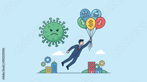 Businessman flying away from coronavirus with balloons representing government and banking aid, symbolizing economic recovery, financial support, and business survival during the COVID-19 pandemic.