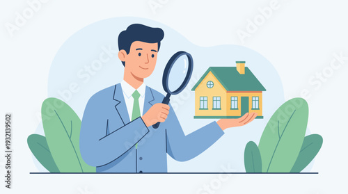 Real Estate Agent Holding a Small House and Examining it with a Magnifying Glass for Property Appraisal, Home Inspection, and Valuation Services Concept. Professional Realtor in Suit Vector Graphic.