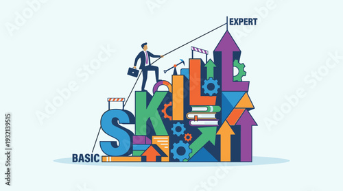 Businessman climbing colorful SKILL letters from basic to expert level. Concept of professional development, career growth, learning new abilities, training, and achieving business success.