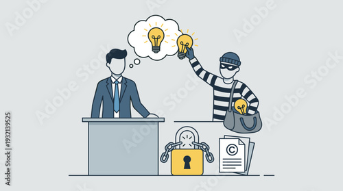 Intellectual Property Theft and Plagiarism Concept Illustration with a Thief Stealing Light Bulb Ideas from a Businessman, Featuring Copyright Protection Symbols and Legal Documents.