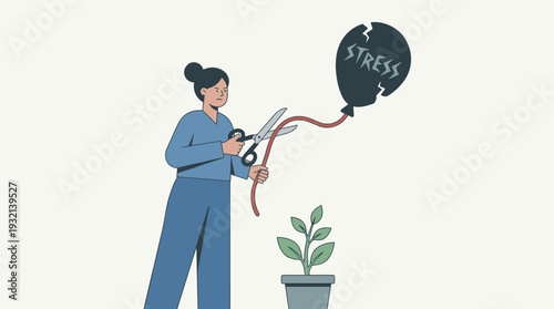 Woman cutting string of a stress balloon with scissors to release anxiety and burnout, metaphor for mental health improvement, self-care, and personal growth in a toxic work environment or life.