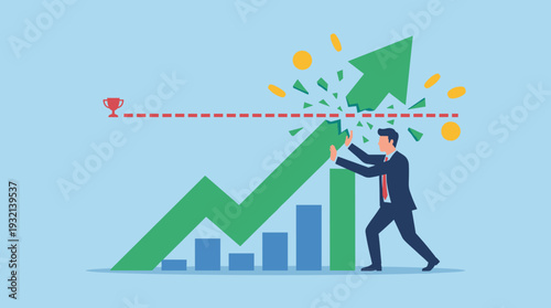 Successful businessman pushing a green growth arrow through a red target line, breaking records and exceeding expectations with financial success, profit increase, and business achievement.