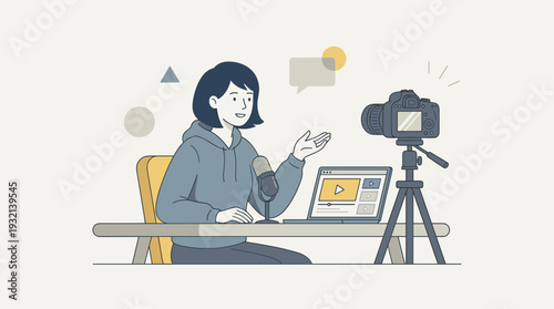 Young Woman Video Blogger or Vlogger Recording Content for Social Media Channel. Female Influencer Sitting at Desk with Microphone, Laptop, and Camera on Tripod. Simple Flat Vector Art Design.