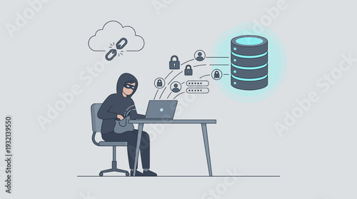 Cybercriminal Hacker in Hoodie Stealing Sensitive Personal Data and Passwords from a Secure Database, Concept of Cybercrime, Data Breach, Identity Theft and Internet Security, Vector Illustration