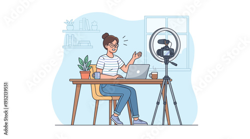 Woman Video Blogger Recording Content for Vlog or Social Media Channel at Home Office Desk with Camera Tripod Ring Light and Laptop Flat Vector Illustration of Female Influencer Streaming Online