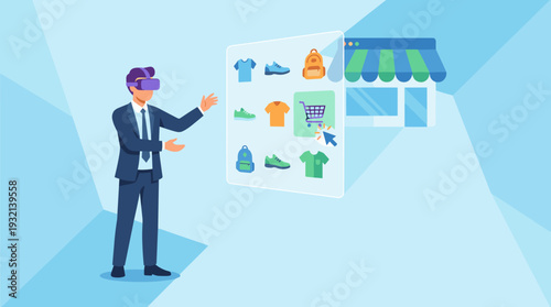 Businessman Wearing VR Headset for Virtual Reality Online Shopping Experience, Metaverse E-commerce Concept Illustration with Digital Storefront, Interactive Product Selection and Shopping Cart UI