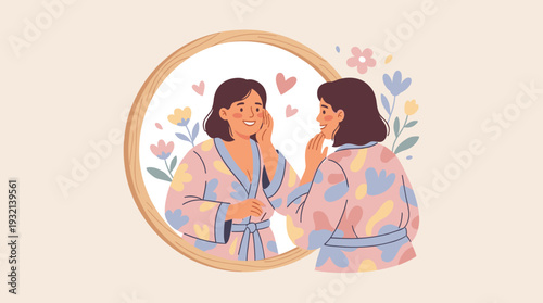 Vector illustration of a happy woman in a floral robe looking at her reflection in a mirror, expressing self-love, body positivity, and care. Decorative hearts and flowers for mental wellness.