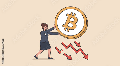 Businesswoman struggling to hold up a giant Bitcoin coin as red market arrows crash downwards, representing cryptocurrency price fall, financial loss, digital currency volatility and market crisis