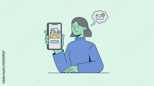 Modern Woman Subscribing to Newsletter Service on Smartphone, Flat Vector Illustration of Digital Marketing Concept, Email Subscription and Online Communication via Mobile Phone App Interface Design