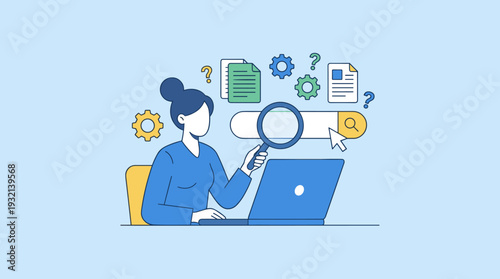Woman Searching for Information Online with Laptop and Magnifying Glass, Web Search Concept Vector Illustration for SEO, Data Analysis, Research, and Problem Solving in Simple Flat Style