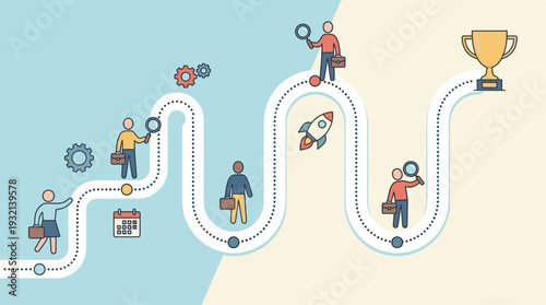 Business Roadmap and Career Path Illustration with People, Milestones, and Achievement Icons like Rocket, Trophy, and Gears for Project Management, Success Strategy, and Growth Tracking Concept