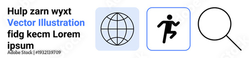 Global connection, search tools, exploration, navigation, worldwide communication, activity tracking. A globe, a running figure and a magnifying glass are . Global connection and search tools