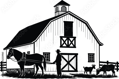 Rustic farm barn with horse farmer silhouette and livestock in countryside agricultural scene black and white illustration vector artwork,