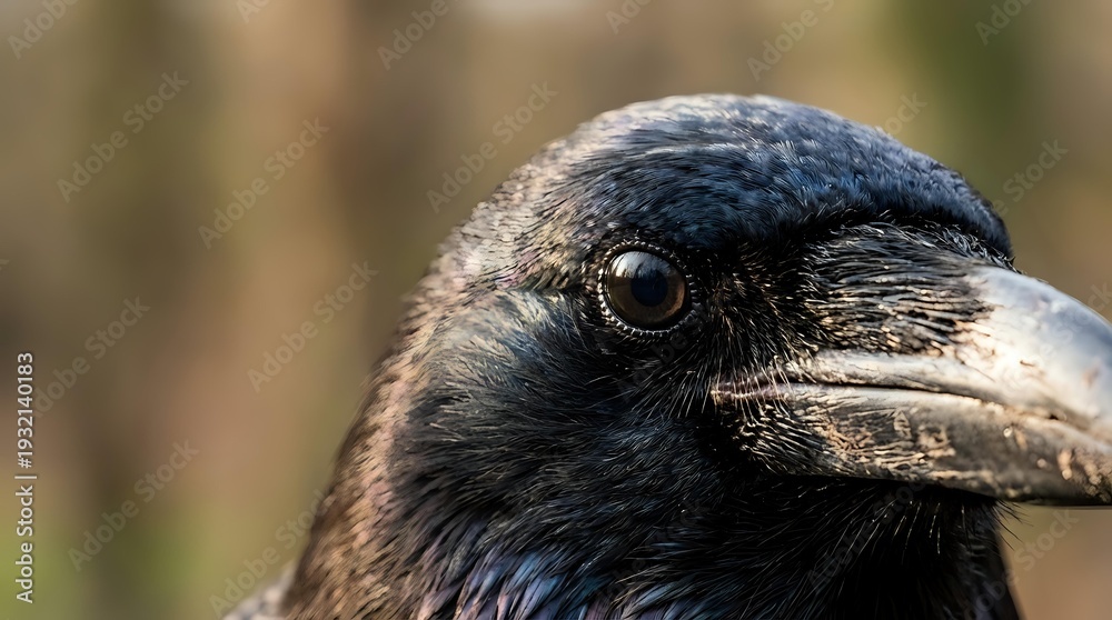 Fototapeta premium Close-up portrait of black crow head showing detailed feathers and bright eye against blurred natural background for wildlife photography projects.