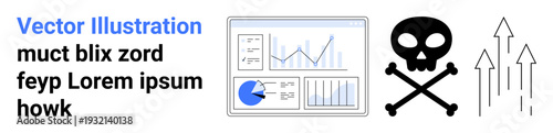 Analytical graphs on a screen paired with a skull and crossbones and upwards arrows. Ideal for data analysis, risk assessment, financial growth, warnings, strategy, decision-making, and a simple