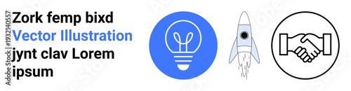 Business development, innovation, entrepreneurship, collaboration, creative ideas, teamwork. Blue lightbulb icon, rocket graphic handshake symbol. Innovation and collaboration