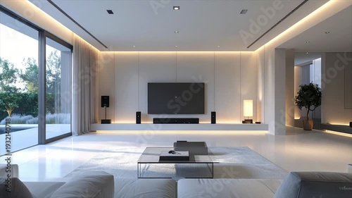 Contemporary living room with large window, TV, speakers, and indirect lighting
