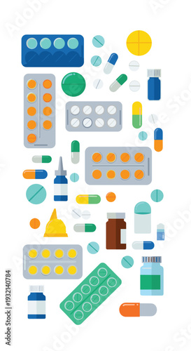 A dense flat lay arrangement of various colorful pharmaceutical pills, capsules, and blister packs scattered across a plain white background.
