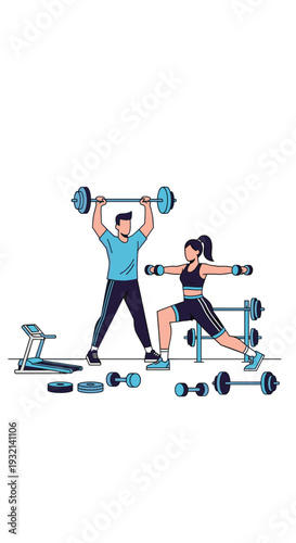 A pixelated man lifts a barbell overhead while a woman performs lunges with dumbbells in a gym setting with a treadmill and weight plates on a white background.